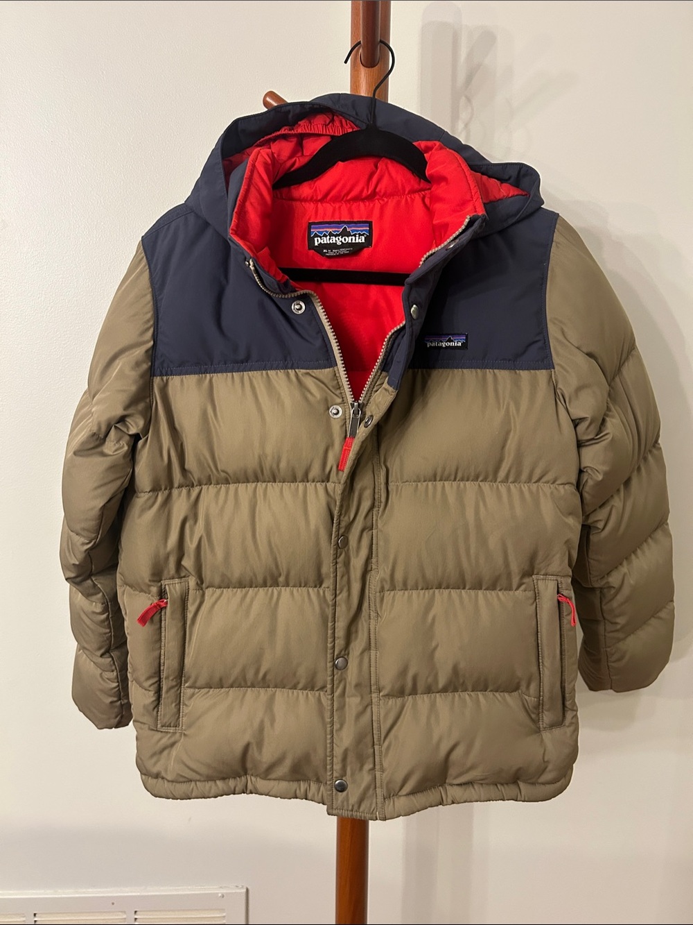 Patagonia Kids Hooded Puffer Jacket - Olive, Navy & Red
